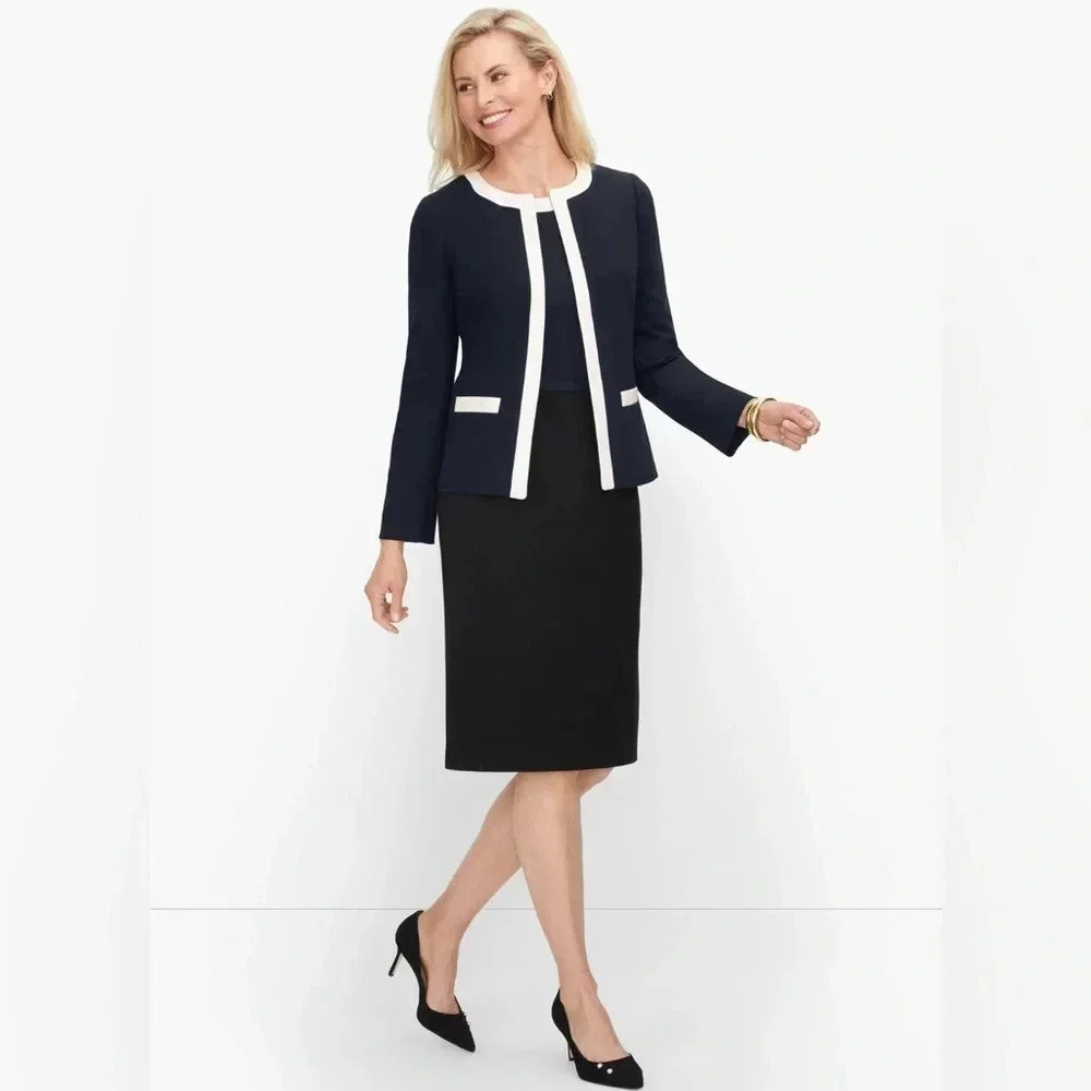 Talbots Italian Luxe Knit Tipped Women's Career BlazerJacket Navy/White S-M NWOT - Picture 2 of 9